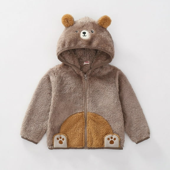 fnnxnal Soft Warm Plush Gray Bear Hooded Jacket for Kids Girls - 100% Polyester Full-Zip with 3D Bear Ears & Paws, Casual Outerwear for 1-6 Years (1T-6T),Size 3 T