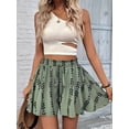 thumbnail image 2 of Women'S Summer Casual Elastic Waist Shorts Boho Floral Print A-Line Swing Ruffle Shorts with Drawstring Bean Green M, 2 of 3