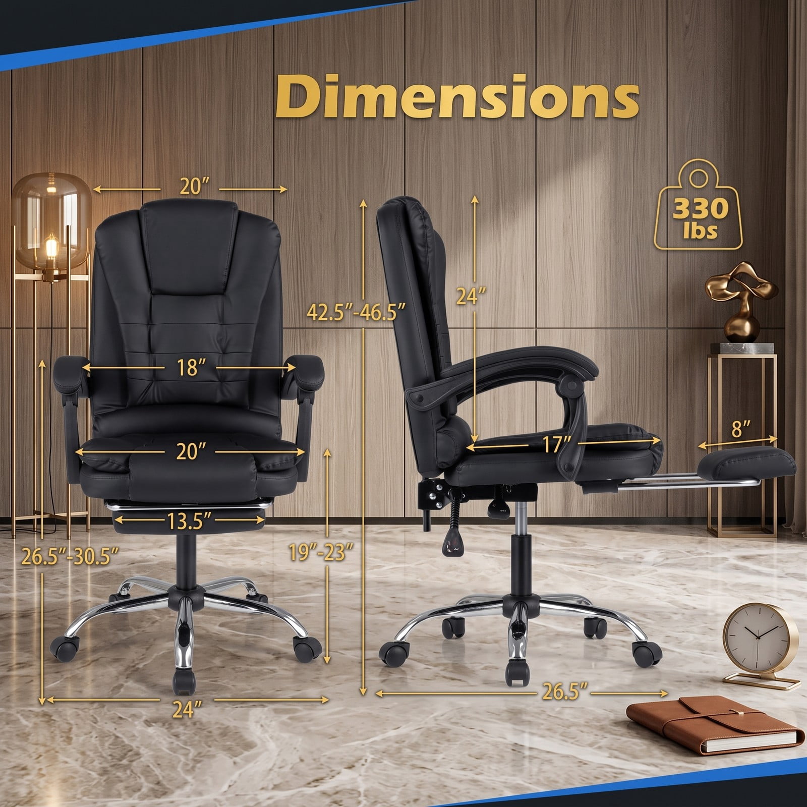 Furnibear Massage Office Chair with Footrest, Reclining High Back and Swivel Seat, Ergonomic USB Vibration Executive Computer Desk Chair with Adjustable Padded, Black