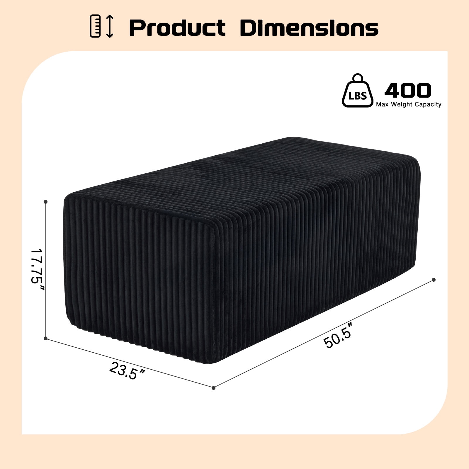50.5" Oversized Rectangle Cloud Ottoman, Black Corduroy Upholstered Coffee Table & Extra Seating, Large Compressed Foam Floor Bench, No Assembly Required
