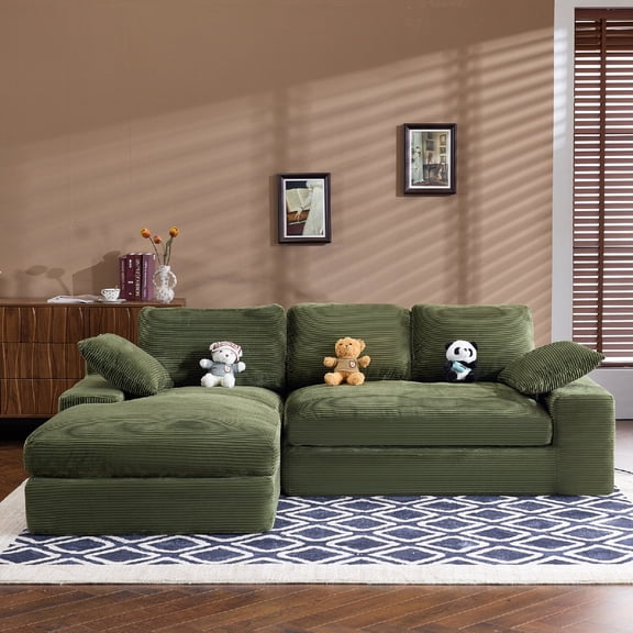 Compressed Cloud Sectional Sofa Couch with L-Shape Chaise and 3 Back Cushions, Modern Modular Sofa with 2 Throw Pillows, Boneless Corduroy Couches for Living room, Apartment, Easy Assembly, Green