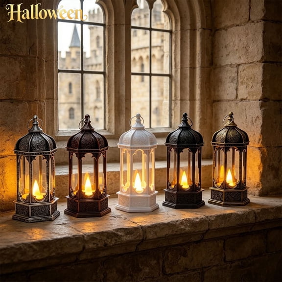 Gray Vintage Hexagonal LED Candle Lantern, Fall Harvest Halloween Thanksgiving Decorations, Flickering Flameless Electronic Candle Light, Indoor Outdoor Farmhouse Table Hanging Decorative Lamp
