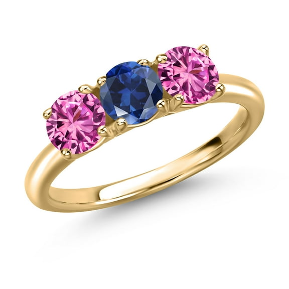 Gem Stone King 10K Yellow Gold Blue Created Sapphire and Pink Created Sapphire Engagement Ring for Women | 1.70 Cttw | Round 5MM | Gemstone September Birthstone | Size 7