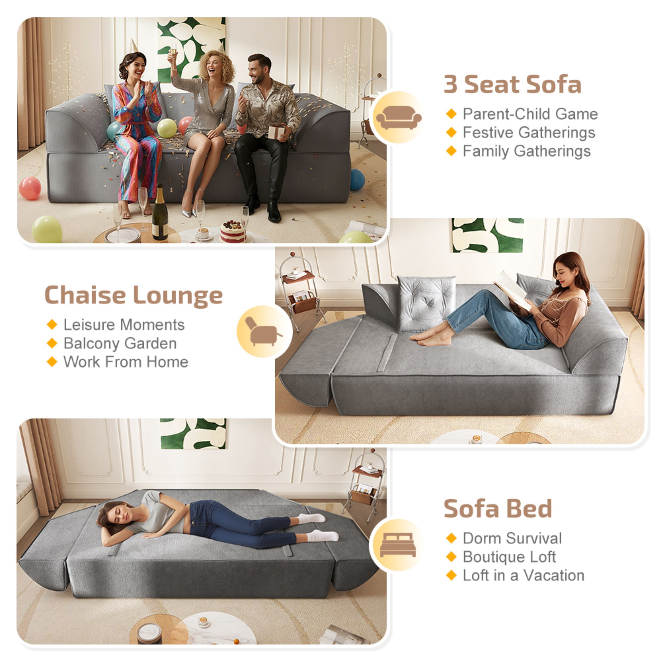 LLappuil 80" Futon, 3 Seat Sofa Convertible Sofa Bed, Chenille Sofa Couch for Living Room Gray
