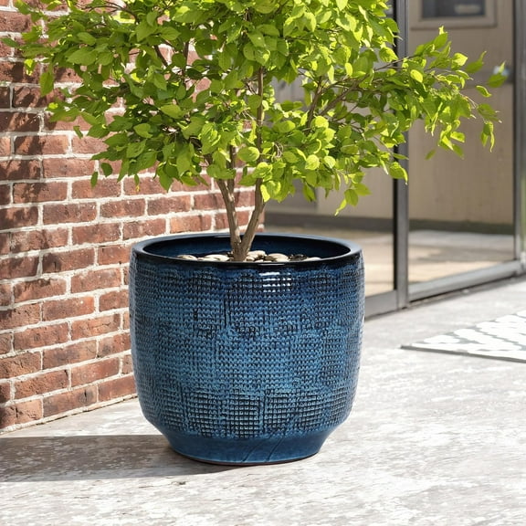 LuxenHome 15.5" Dia Large Ceramic Pots for Plants, Ocean Blue Glazed Planters for Outdoor Plants, Round Indoor Flower Pots with Drainage Hole and Rubber Plug for Home Garden Patio