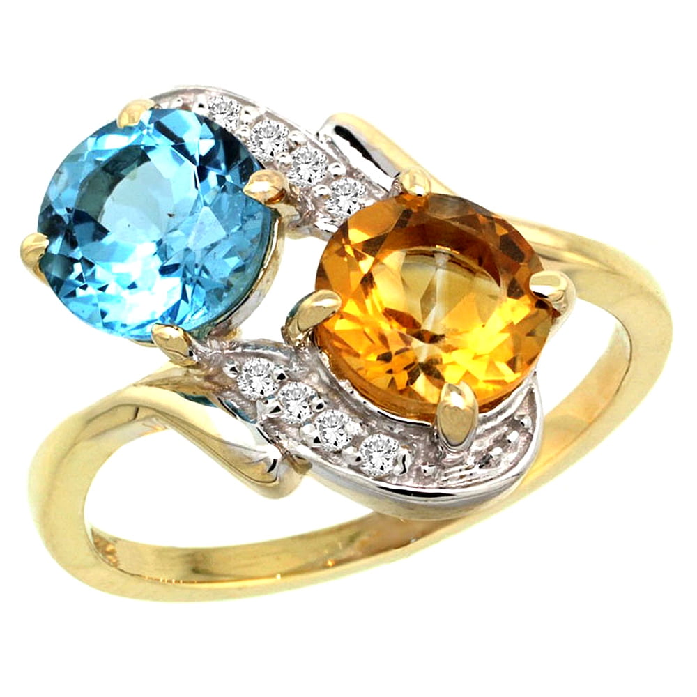 10K Yellow Gold Natural Swiss Blue Topaz & Citrine Mother's Ring Round 7mm Diamond Accents, 3 4 inch wide, sizes 5 10 by WorldJewels