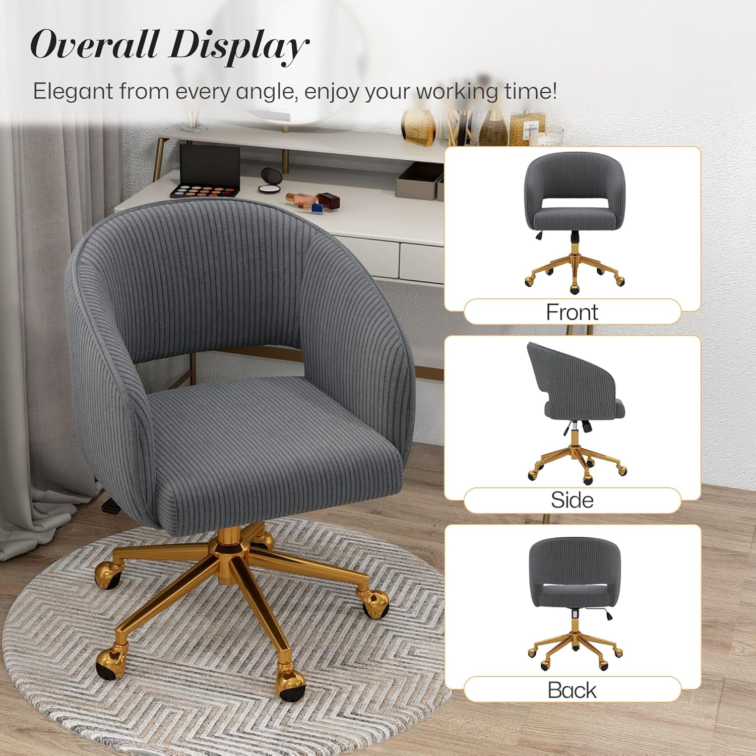 Home Office Swivel Desk Chair, Modern Corduroy Desk Chair, Height Adjustable Armchair with Gold Base, Ergonomic Office Chair for Living Room Vanity Study Computer Room, Gray