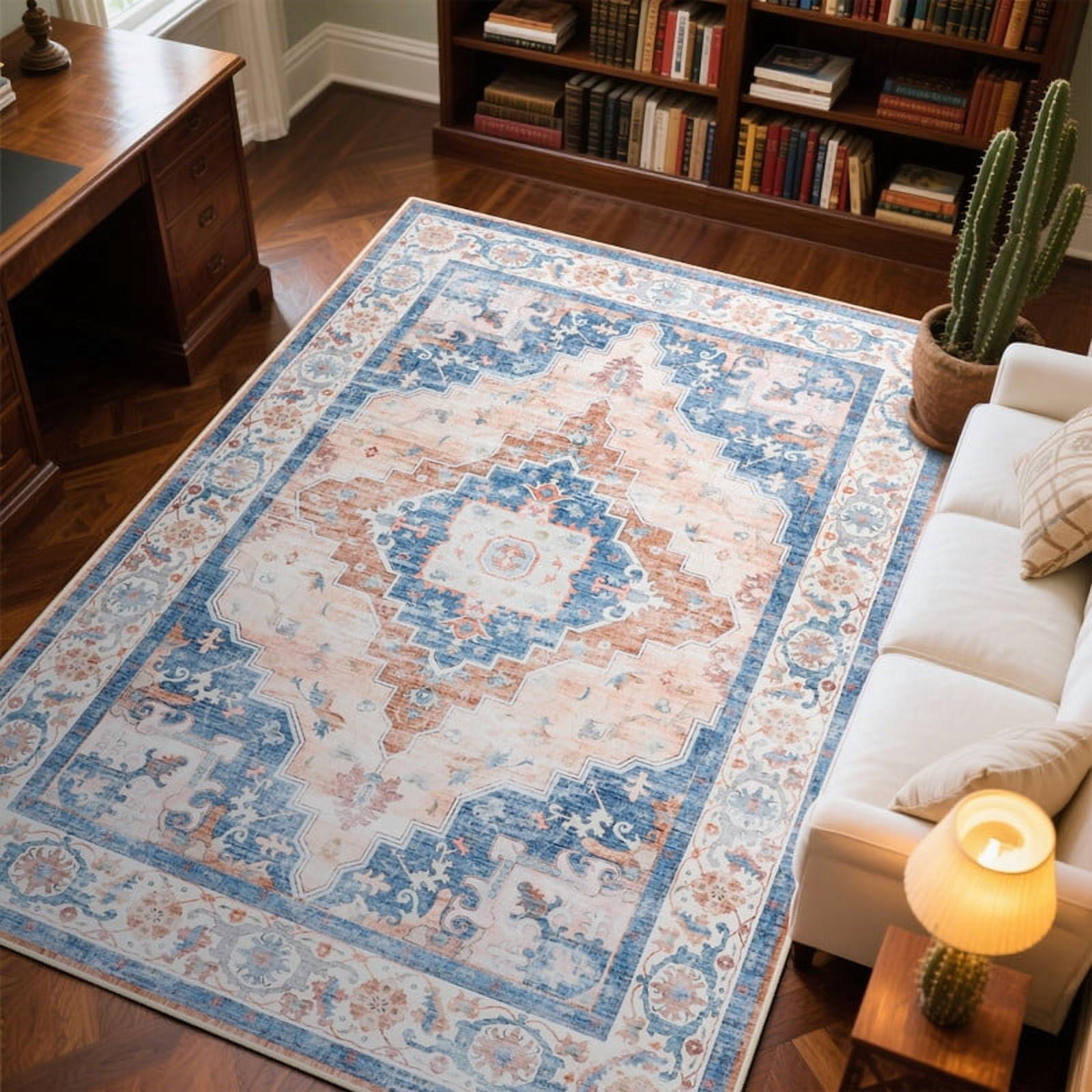 FULIE Bohemian Area Rug 6'x9'Rug Machine Washable for Living Room/Dining Room/Bedroom,Blue
