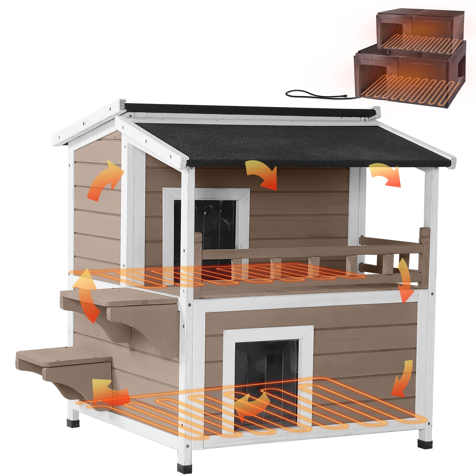 Aivituvin Heated Outdoor Cat House for Outside Insulated Feral Cat Shelter Weatherproof with Heated and Insulated Liner 2 Story, Brown