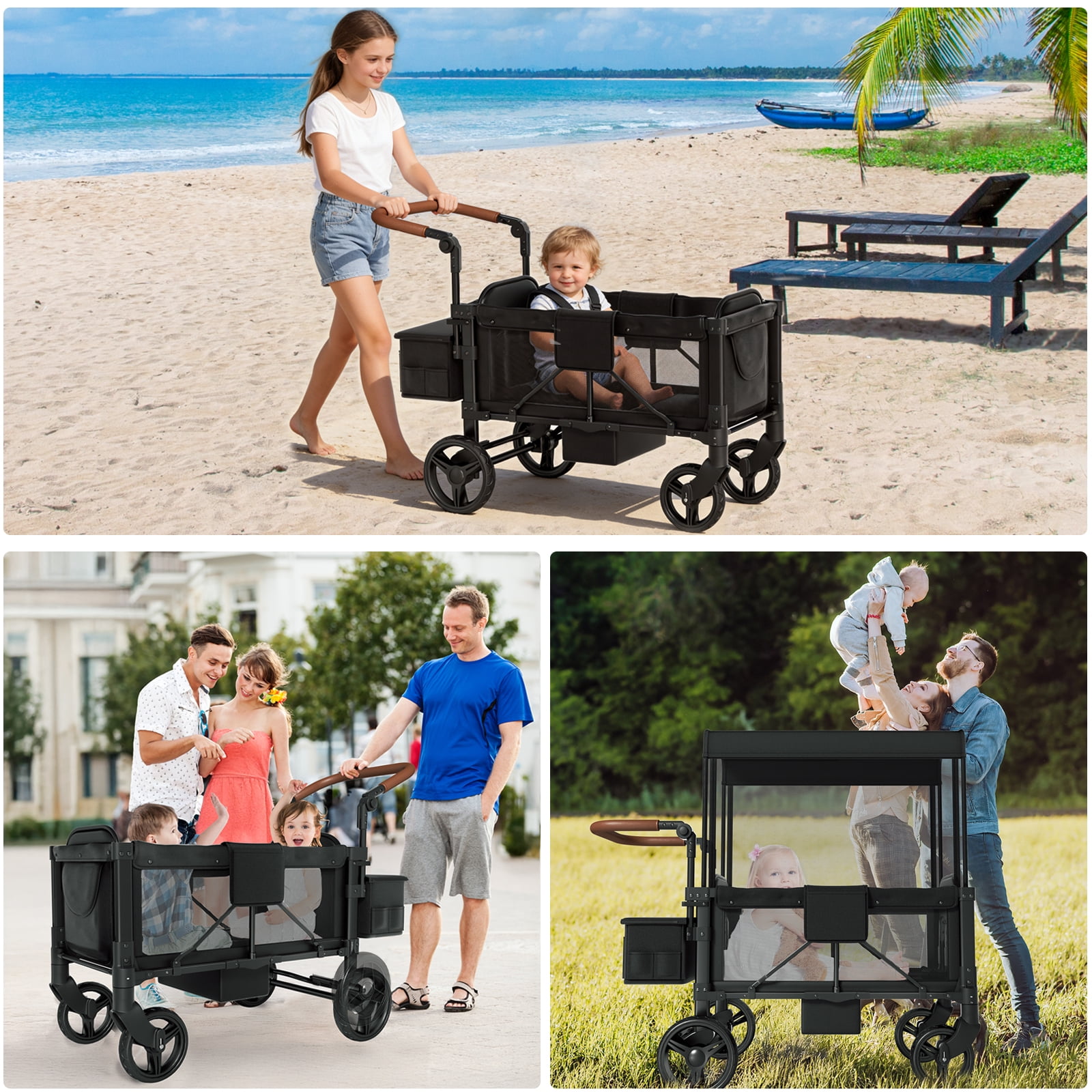 Vipsafe Foldable Wagon Stroller for 2 Kids, Multifunctional Baby Stroller with Detachable Canopy, Adjustable Handlebars, Easy Storage for Toddlers