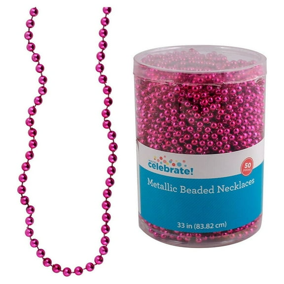 50 Pack of Celebrate 33" Hot Pink Metallic Beaded Necklaces Round 6mm Beads 1286