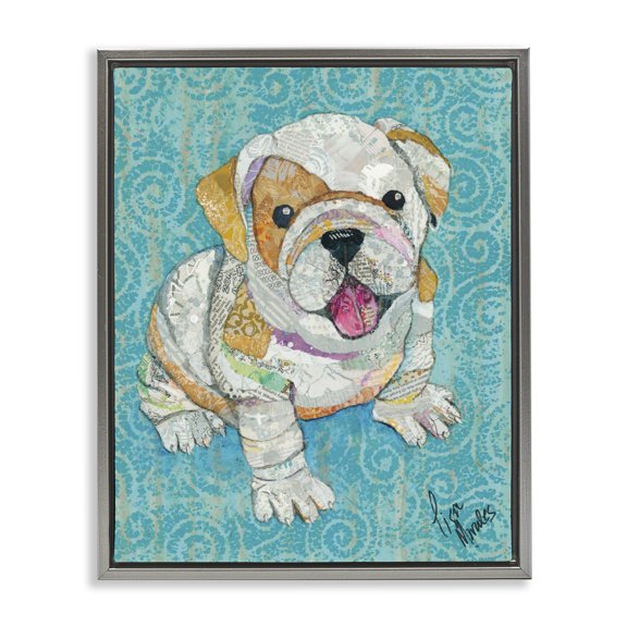 Stupell Industries Eclectic Puppy Dog Swirl Pattern Mixed Ephemera Collage Gray Floating Frame Canvas Art, 17 x 21, by Lisa Morales