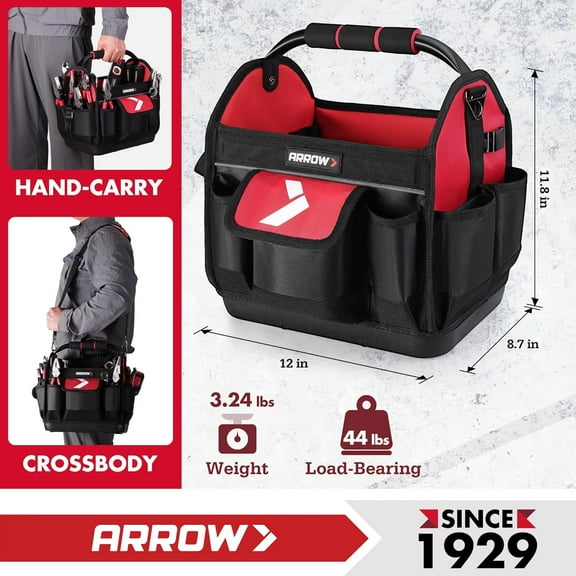 12" Tool Tote with Waterproof Hard Base, 19 Pockets, Heavy Duty Fabric for Electrician, Mechanic, Plumber