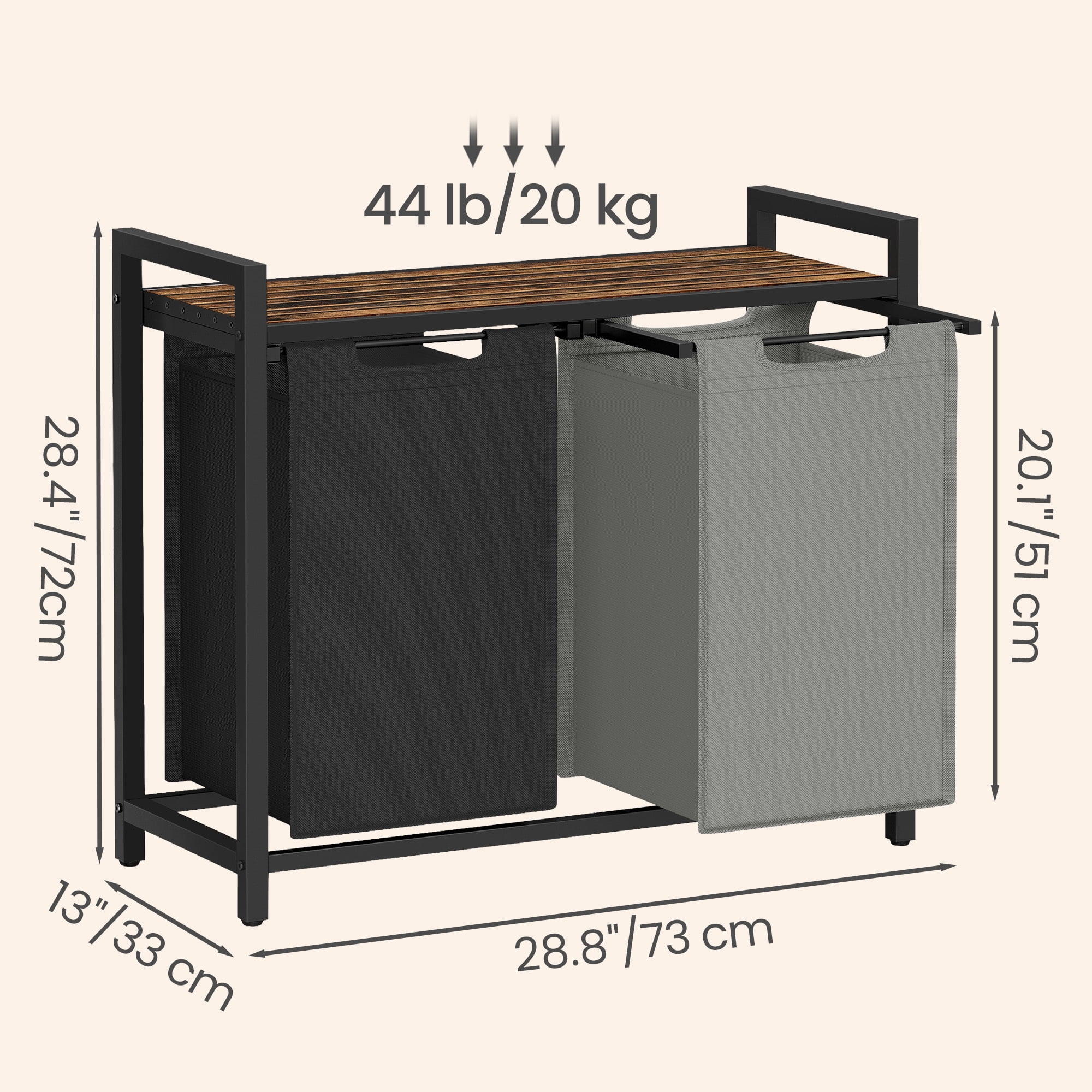 Ledrem 2-Compartment Laundry Hamper with Removable Bags & Storage Shelf, Rustic Brown/Charcoal Grey