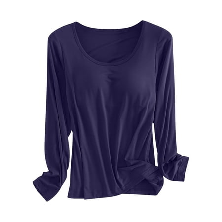 Tweang Long Sleeve Base Layer Top Base Layer Top Built-in Bra Long Sleeve Pajama Lounge Summer Solid Tops Workout Athletic Shirts Basic Undershirts Baselayer Tops Crew Neck Lightweight Dark Blue 2XL