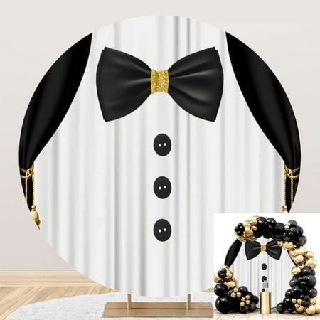 Image of OERJU Round Tuxedo Backdrop Gentleman Backdrop for Photography Black and White Suit Bow Tie Photo Backdrop Boy Baby