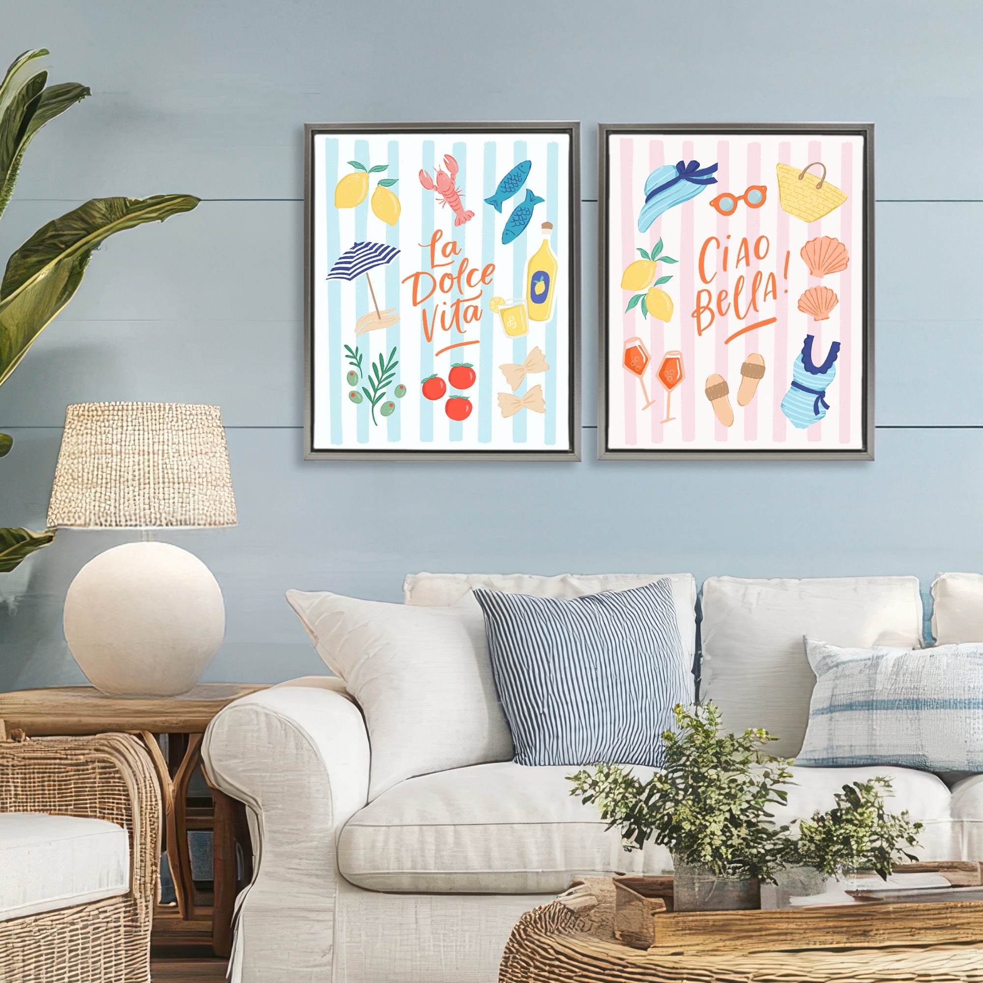 Stupell Industries Summer Italian Vacation 2 Piece Gray Framed Floater Canvas Set, design by Sandra Picco