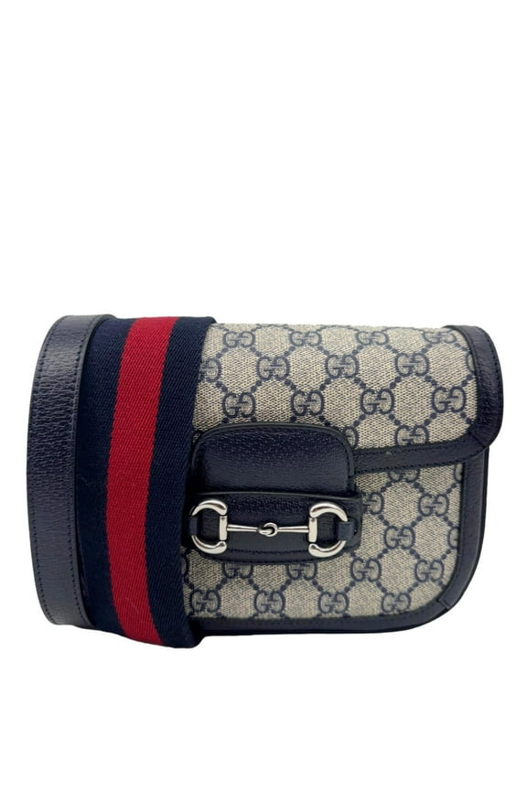 Pre-Owned Gucci Horsebit 1955 Flap Mini Dollar GG Supreme Canvas Shoulder Bag Navy Blue 658574