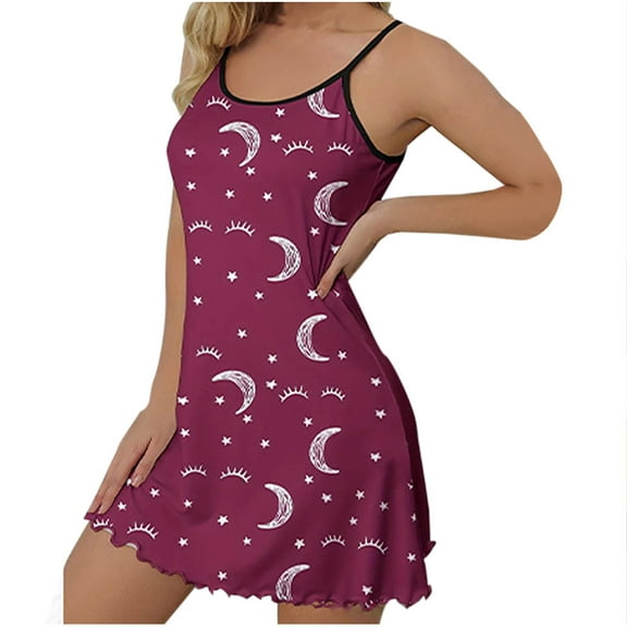 Xysaqa Women's Nightgown Spaghetti Strap Pajama Dress Sleeveless Chemise Sleepwear Comfy Nightshirt Soft Sleep Shirts for Women Casual Print Loungewear S-3X Summer Savings Purple