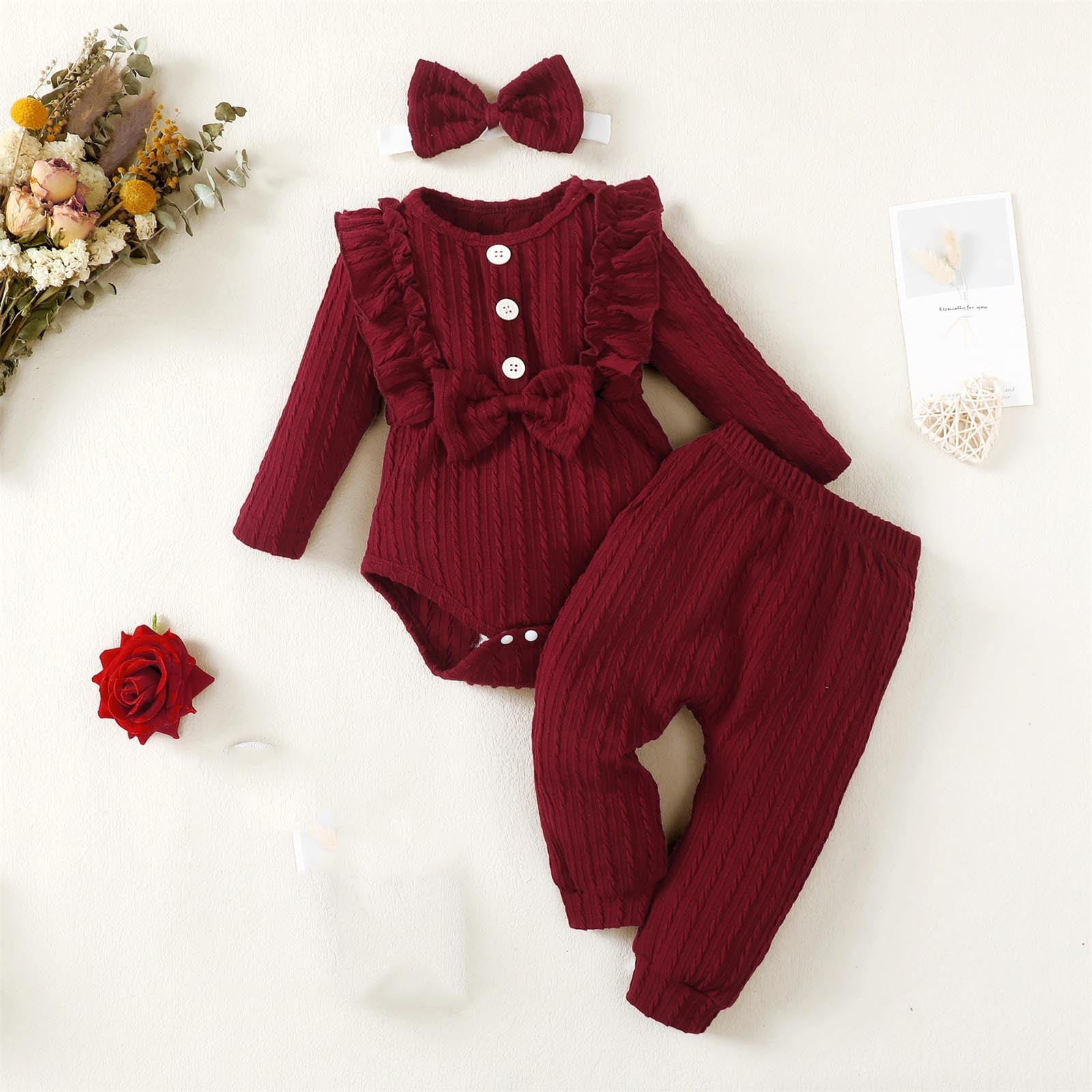 SHTXOZHI Baby Girls Fall Winter Clothes Long Sleeve Ruffle Romper Pants Headband Toddler Outfit
