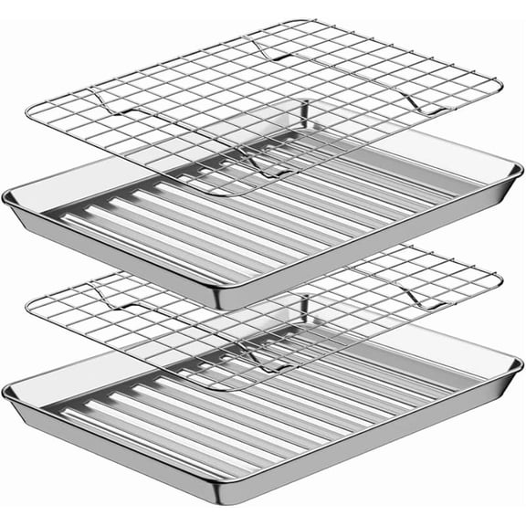 XUET Baking Sheet with Rack Set (2 Pans   2 Racks), Stainless Steel Cookie Sheet with Cooling Rack, Nonstick Baking Pan, Warp Resistant & Heavy Duty & Rust Free, Size 9" X 7" X 1"