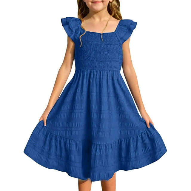Teen Girl Dresses Summer Smocked Sleeveless Sun With Pockets Dress Robe Fille Size 13-14T