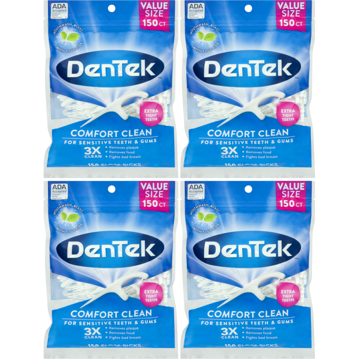 4 Pack DenTek Comfort Clean Floss Picks, 150 Count Each
