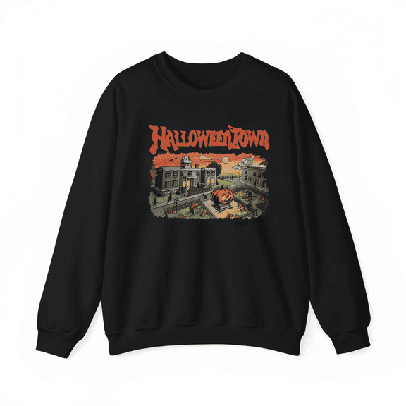 Halloween Town pattern T-shirt top, round-neck long-sleeved, fashionable and comfortable black S-3XL