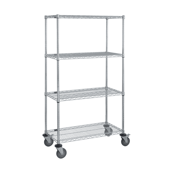 Mobile Cart, 48"W x 18"D x 69"H, includes: (4) wire shelves, (4) 63"H posts, (4) donut bumpers, and (4) 5" thermoplastic resin casters (2 with brakes), chrome plated finish