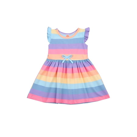 

Kiapeise Toddler Girls Fly Sleeve Rainbow Striped Dress Angel Wings Dress