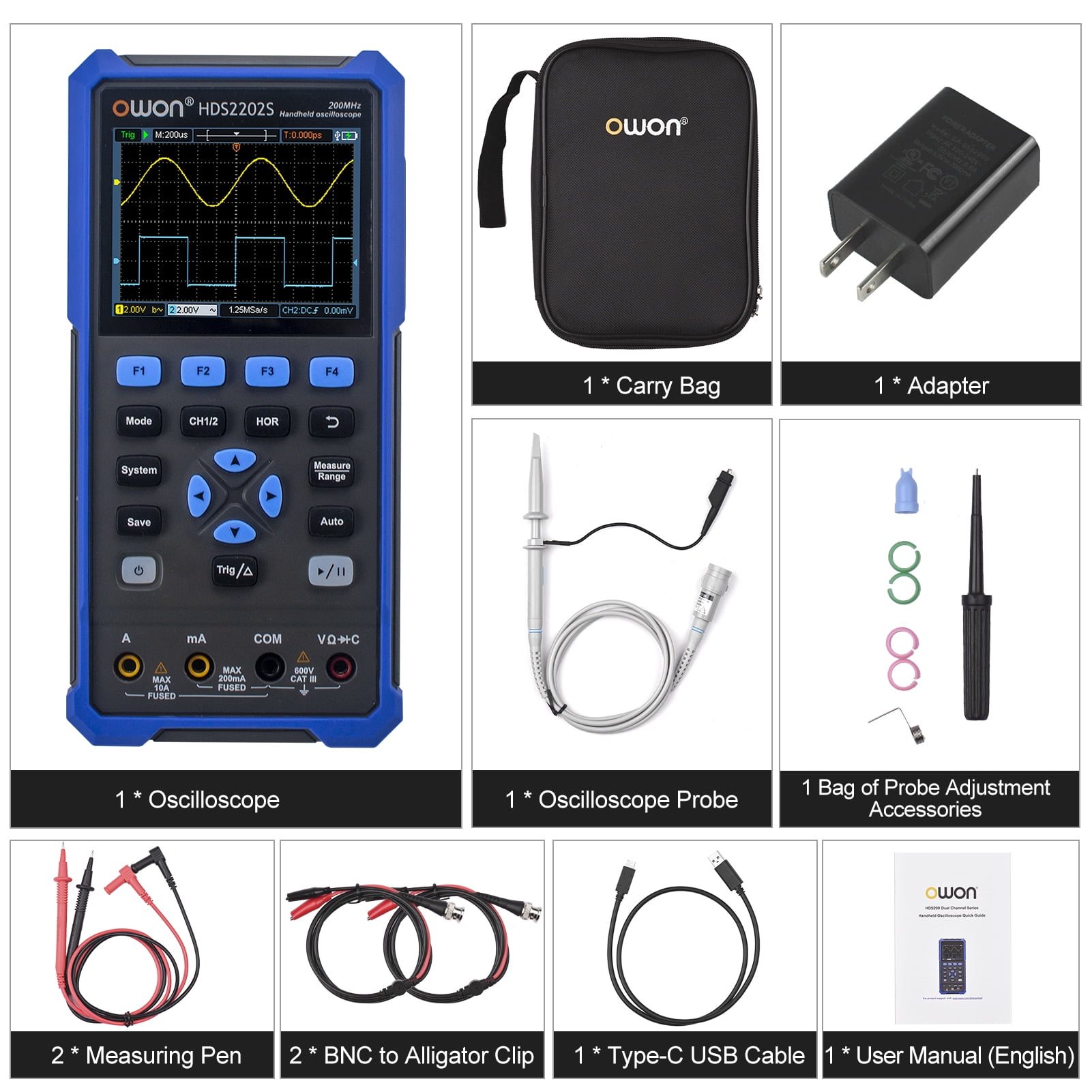 Oscilloscope,In 1 Handheld 20000 Tester 3.5-inch Hds2202s 3 In Tester 3.5-inch Color 3.5-inch Color Lcd Handheld 200mhz Dual 3 In 1 Channels Rms 20000 Rms 20000 Tester Lcd Reable Type-c Dsfen