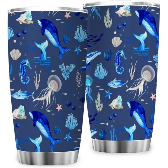 Nautical Marine Animals 20oz Tumbler with Lid Sea Turtle Whale Jellyfish Sea Horse Crabs Weeds Blue Vacuum Insulated Cup Water Bottle Travel Coffee Mugs