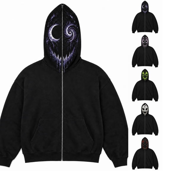 Halloween Scary Face Print Zip Up Hoodie Casual Cosplay Sweatshirt with Hood Lightweight Fleece Pullover Trendy Spooky Streetwear for Men and Women S