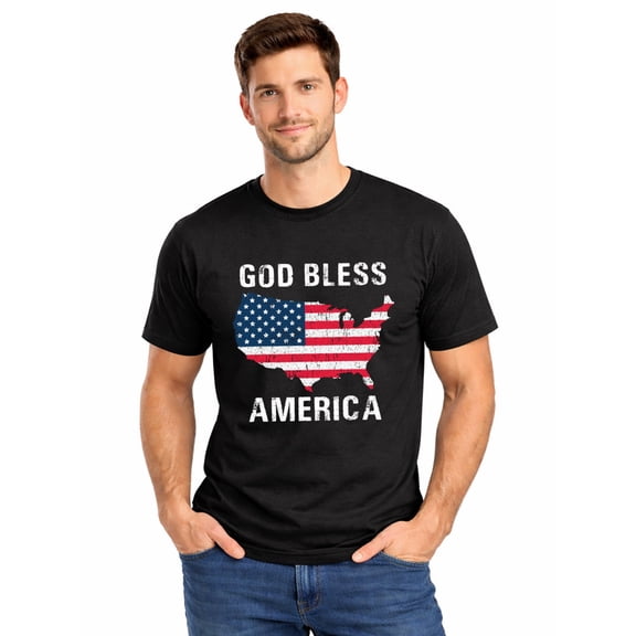 Graphic Short Sleeve T-Shirt for Men Loose Fit Crewneck with God Bless America Cotton Fabric on Black Fabric