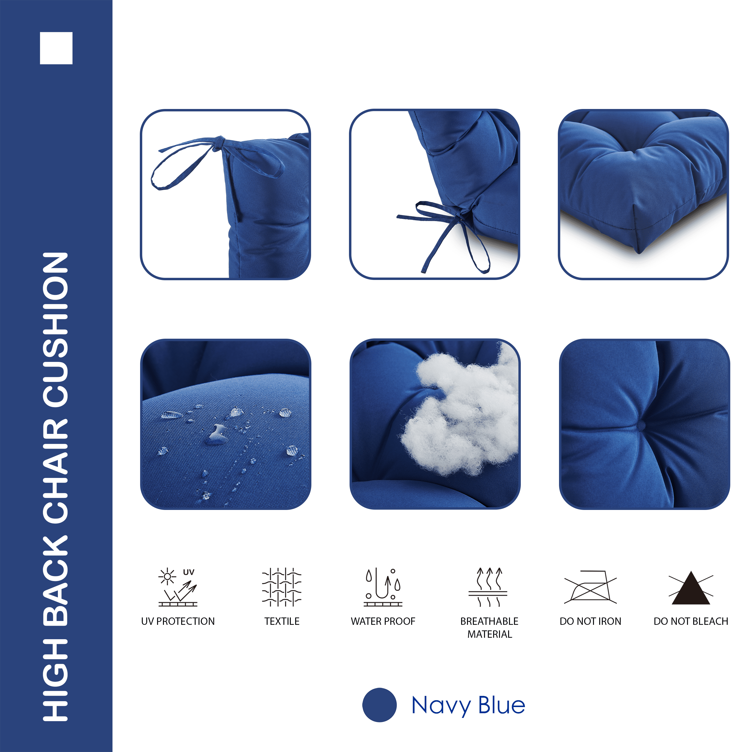 YOOZEKU Outdoor High Back Adirondack Rocking Chair Cushions set of 2,Waterproof Tufted Patio Seat Cushions for Outdoor Furniture with Ties,45x22 Inch, Navy Blue