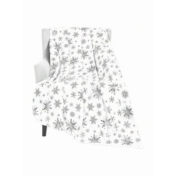 Silver Snowflake Foil Print Fleece Throw Blanket, 50x60 Inch Soft Flannel Plush Blanket for Couch Bed, Winter Warm Cozy Decor Gift