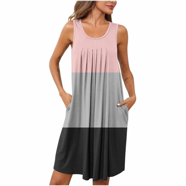 cfhntfmh Robes de Pyjama pour Femmes Confortables Col Rond Fluide Robe Débardeur Ample Plissée à Blocs de Couleur Sans Manches avec Poches