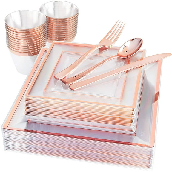 WELLIFE 150 Pcs Rose Gold Square AFN1Plastic Plates, Disposable Rose Gold Dinnerware Includes: 50 Plates, 25 Cups, 25 Knives, 25 Forks, 25 Spoons for Weddings