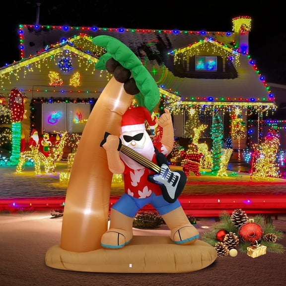 InfleasJoiy 7FT Santa Claus Playing Guitar Under Coconut Tree Christmas Inflatable Decoration with LED Lights, Suitable for Holiday Celebration Decorations on Yards, Lawns and Patios