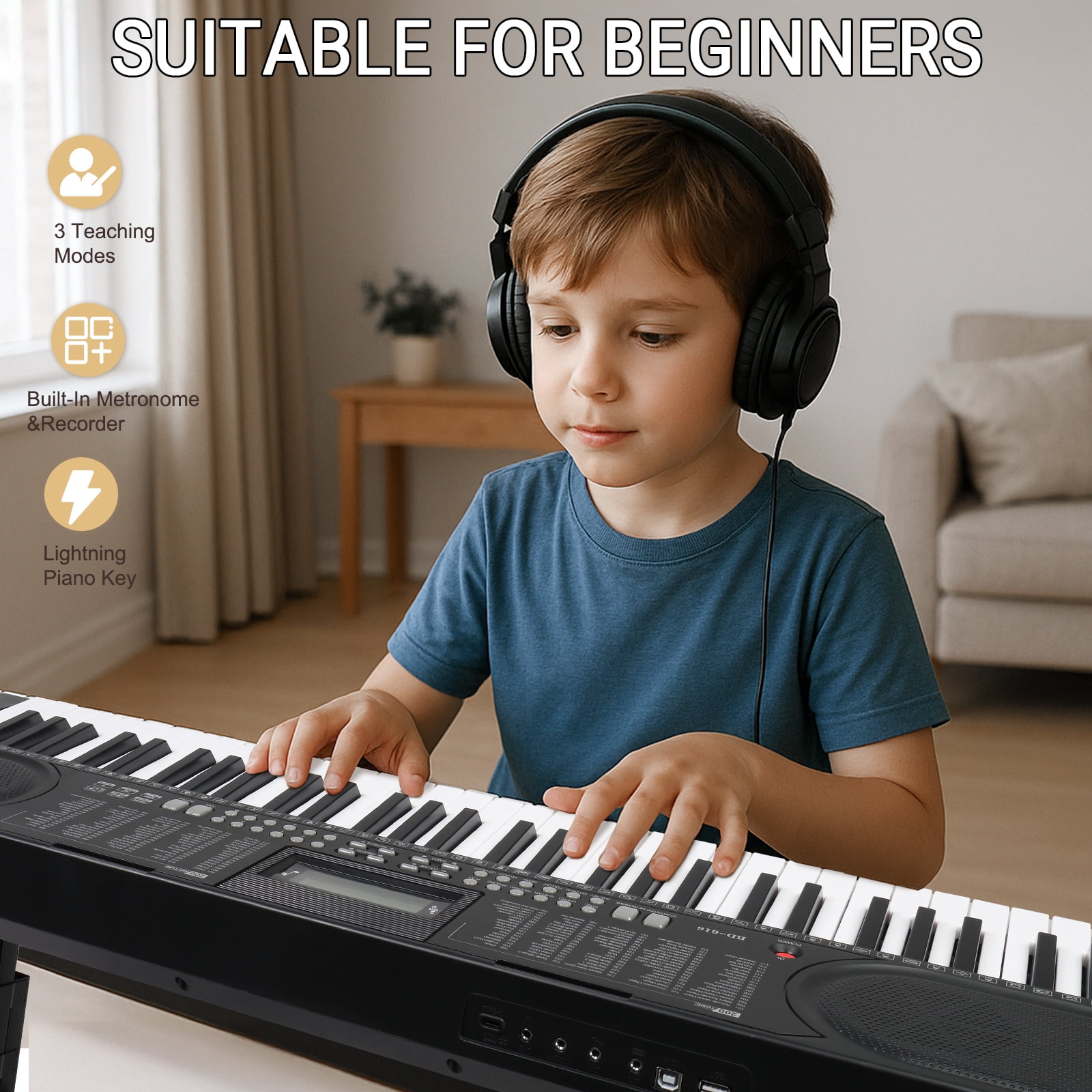 Ktaxon 61 Keys  Keyboard Piano with Lighted Keys, Stand, Piano Bench, Black