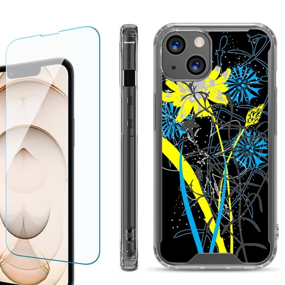 Shockproof Bumper Phone Case for iPhone 13, with Tempered Glass Screen Protector, by OneToughShield ® - Wild Flowers