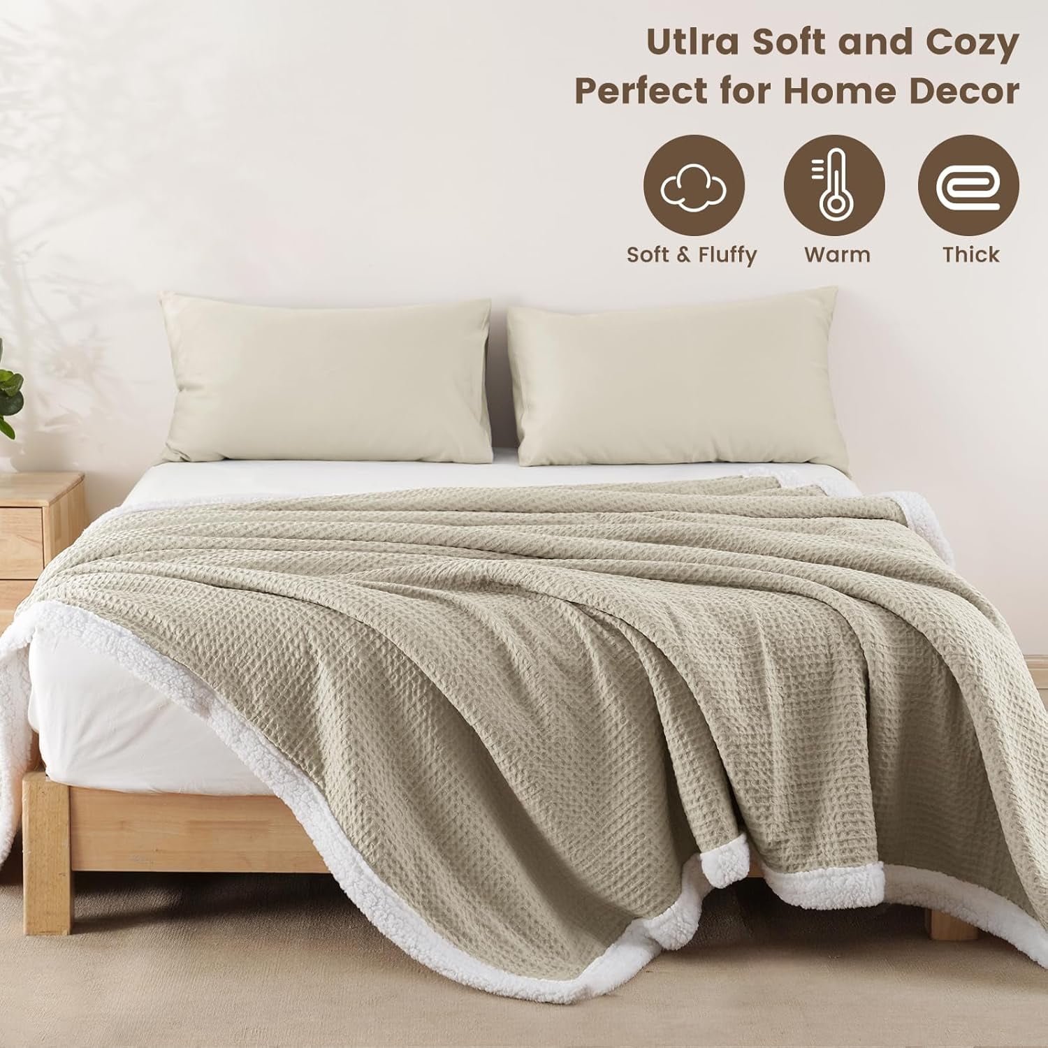 PHF Waffle Sherpa Bed Blanket Twin Size, Cozy Warm Reversible Plush Flannel Blanket for Winter, 60" x 80", Khaki