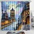 thumbnail image 1 of Whimsical Rideau de Douche Ville Européenne avec Tour d'Horloge et Chemin en Galets, 1 of 4