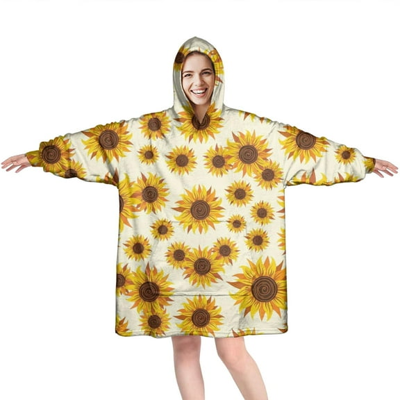 Beige Sunflower Pattern Wearable Oversized Blanket,Wearable Blanket Hoodie for Adults,Cozy Hooded Blankets with Super Pockets,Super Warm Fuzzy Pullover for Women & Men