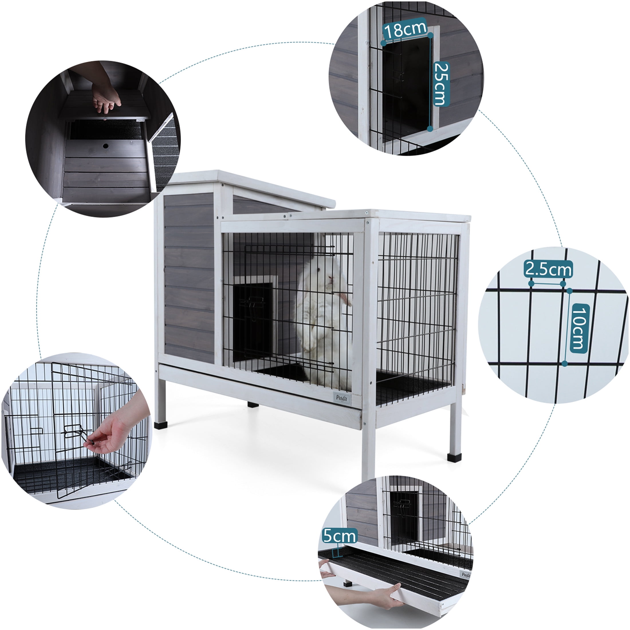 JERFIT 2-Story Outdoor Rabbit Hutch with Waterproof Roof & Leak-Proof Tray, Spacious Wooden Cage for Rabbits, Guinea Pigs, Ferrets, Grey