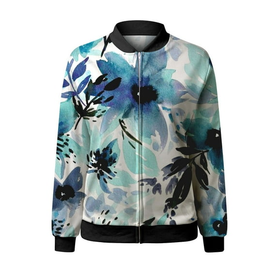 DondPO Bomber Jacket Women Women Autumn Fashion Leisure Square Thin Pocket Jacket Blouse Coat Baseball Top Jackets for Women Trendy Floral Jackets for Women Blue L