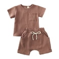 thumbnail image 2 of Quealent Toddler Boy Sets Clothes Outfits Toddler Baby Boy Summer Clothes Little Boy Short Sleeve T Shirt Sweatshirt Tops Stretch Shorts Set Brown,9-12 Months, 2 of 5
