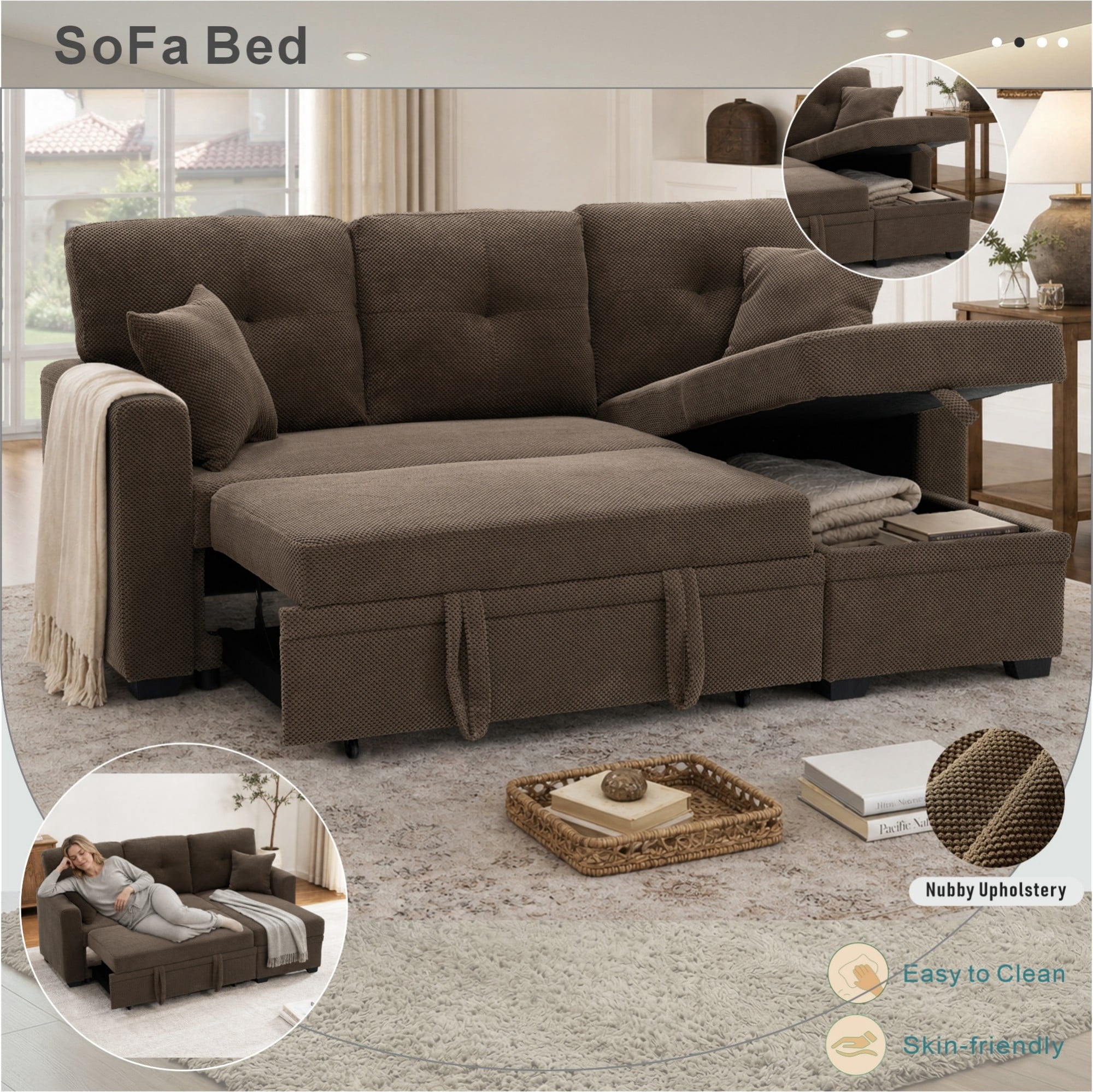 BSHTI 71"Foil Fabric L-Shaped Pull-Out Sleeper Sofa Bed with Reversible Chaise, Hidden Storage for Living Room（Coffee）