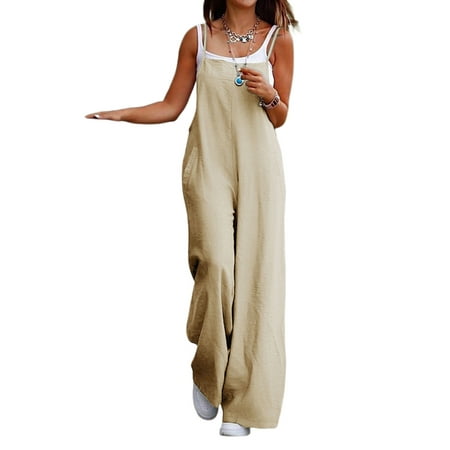 

Julycc Womens Plus Size Cotton Linen Overall Pants Wide Leg Baggy Jumpsuit Romper