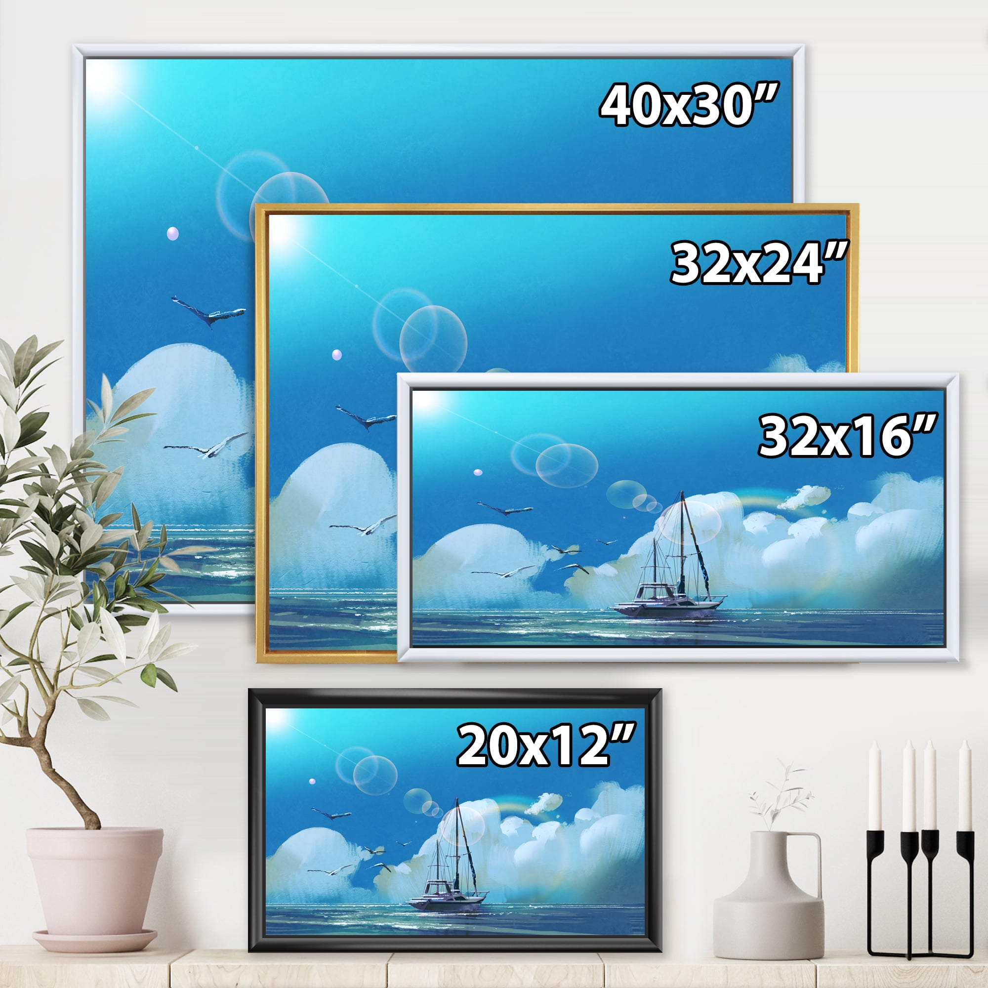 The Sailboat On The Blue Sea Against Summer Clouds Sky 32 in x 24 in Framed Painting Canvas Art Print, by Designart